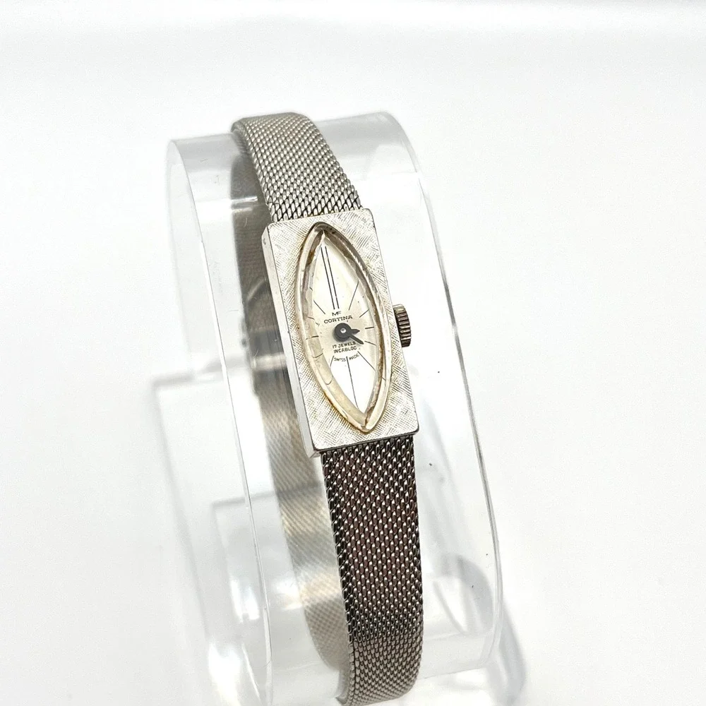 Vintage MF‎ Cortina 17 Jewel Manual Wind Watch 10K RGP Bezel GF Mesh Band Silver